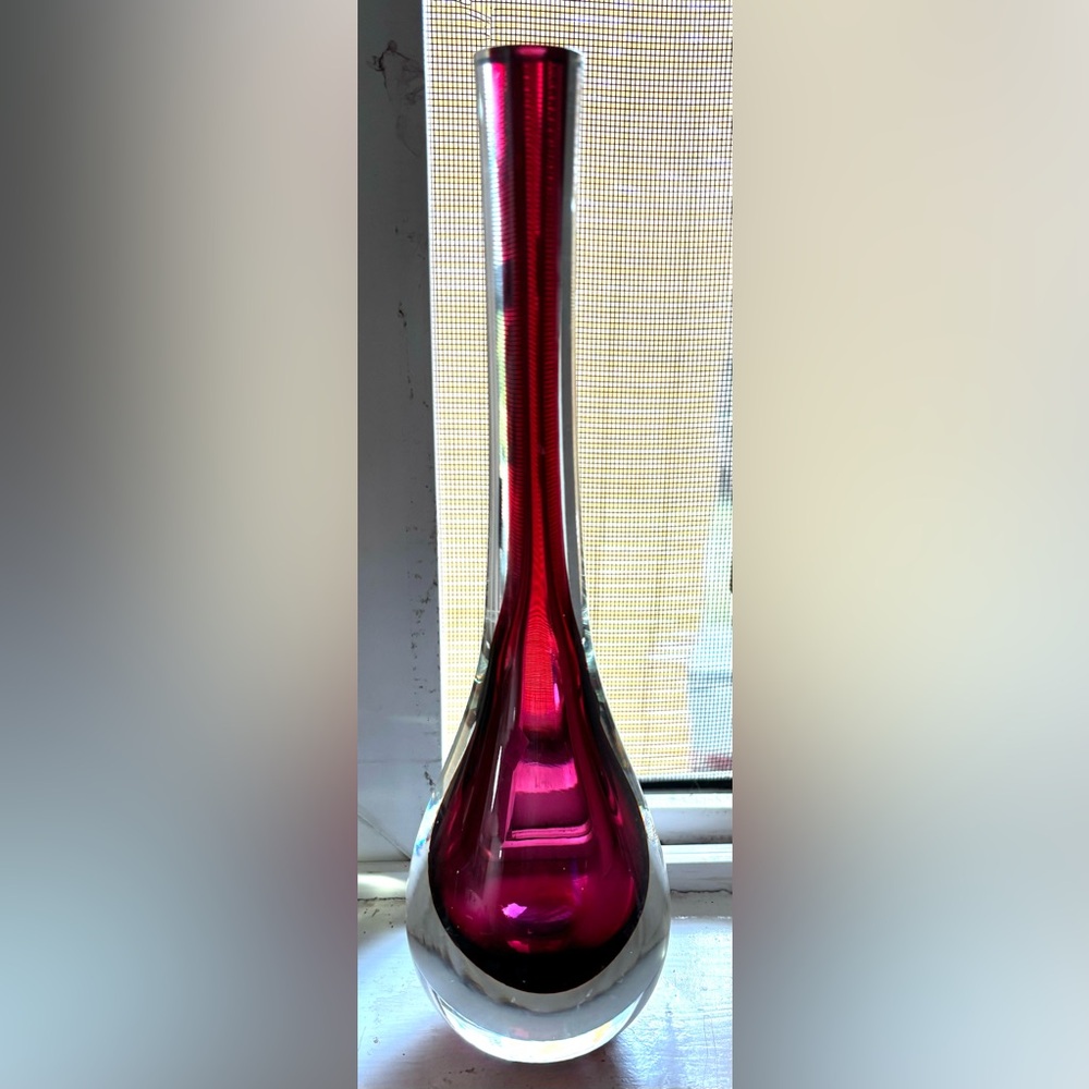 Vintage Murano Italy Sommerso Vase Cranberry Red to Clear 9.25” Tall